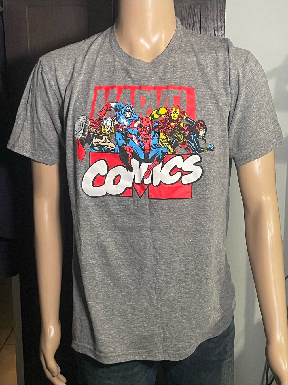 Marvel Gray Tee with Classic Comic Heroes Graphic‎
